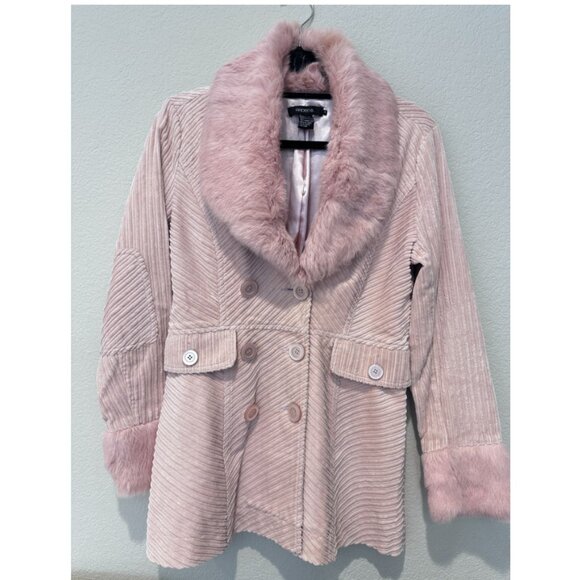 Arden B Dusty Pink Courduroy Trench Coat with Real Rabbit Fur Collar - Picture 1 of 3